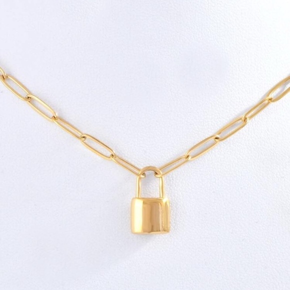 Gold Plated Stainless Steel Lock Pendant Chain Necklace - Picture 1 of 2
